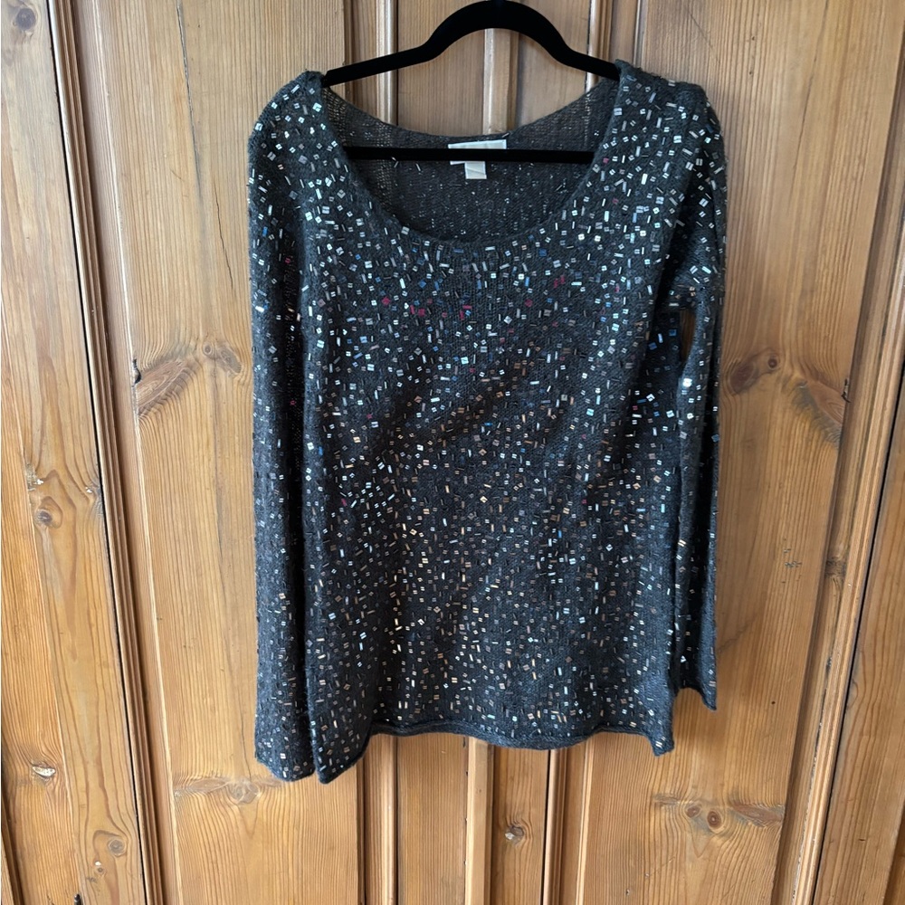 Michael Kors Black Sequin Long Sleeve Scoop Neck Blouse